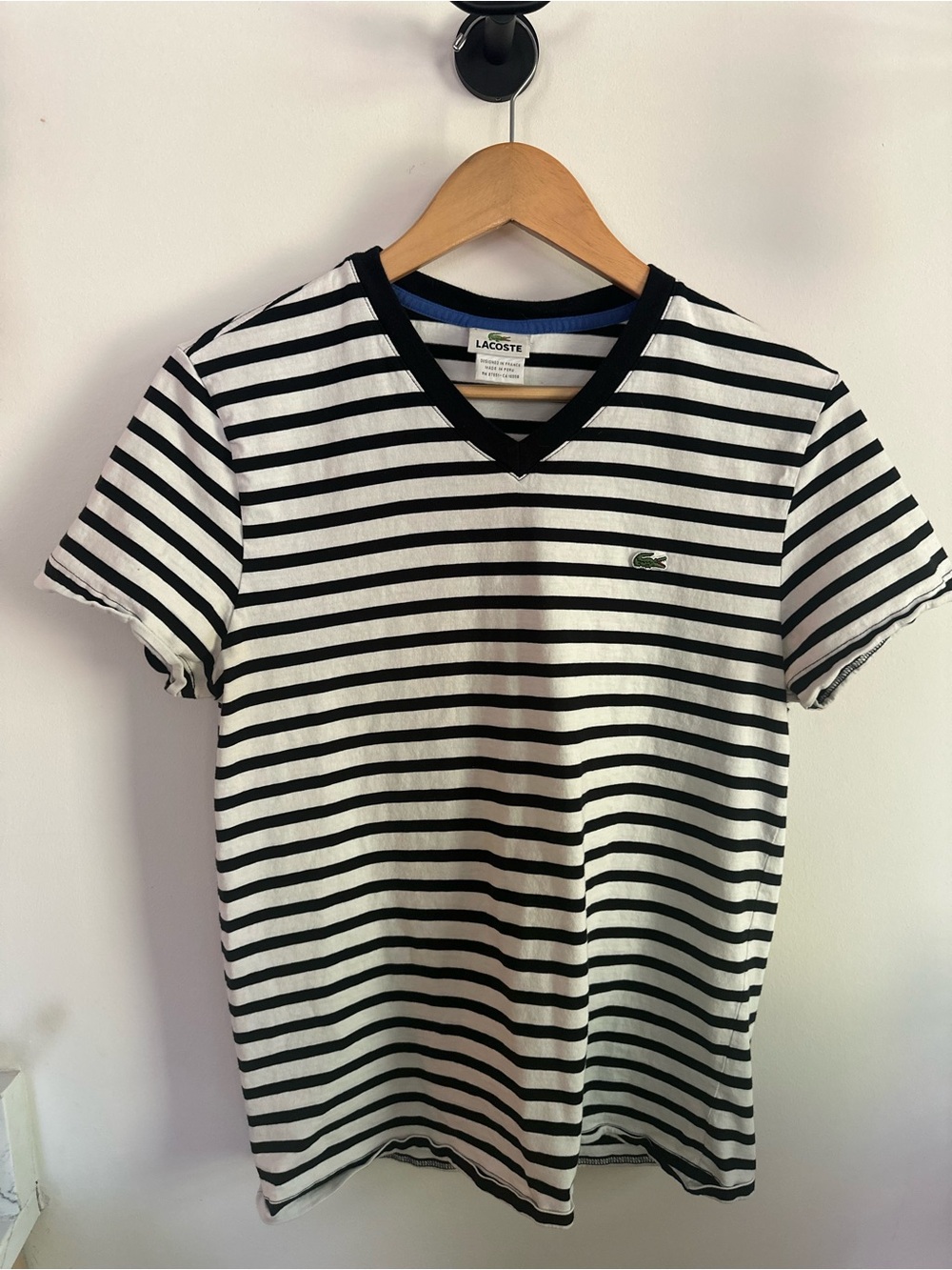 Lacoste Black & White Striped V-Neck Tee with Green Logo